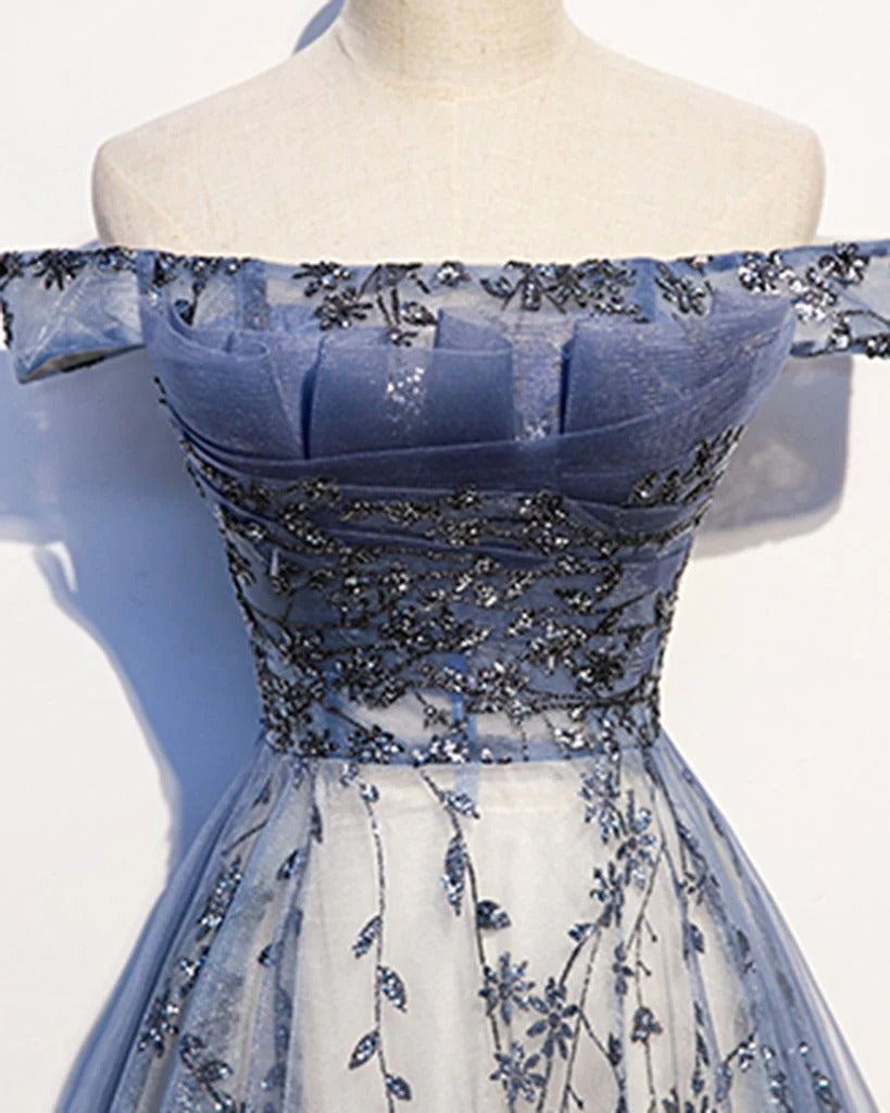 Dusty Blue Off-the-Shoulder Tulle Gown – Floral Lace Prom Dress with Lace-Up Back