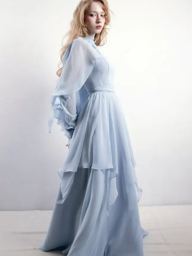 Dusty Blue Ruffled Chiffon Gown – Convertible Sleeve Maxi Dress with Slit