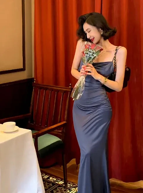 Dusty Blue Satin Cowl Neck Ruched Mermaid Maxi Dress