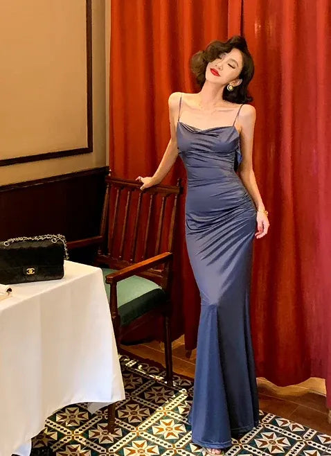 Dusty Blue Satin Cowl Neck Ruched Mermaid Maxi Dress