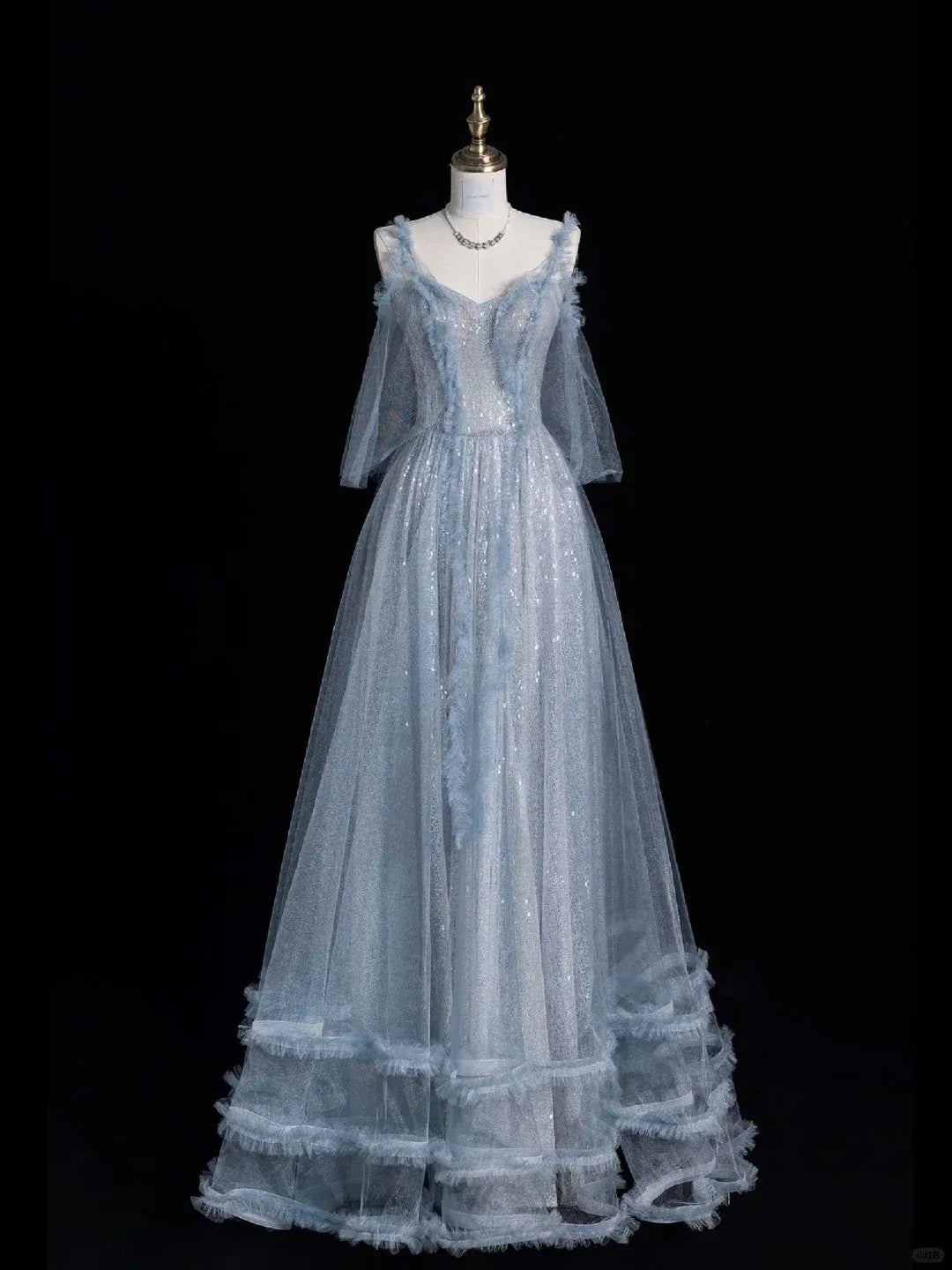 Dusty Blue Sequin Tulle Cold-Shoulder Gown – Ruffled Tiered Formal Prom Dress