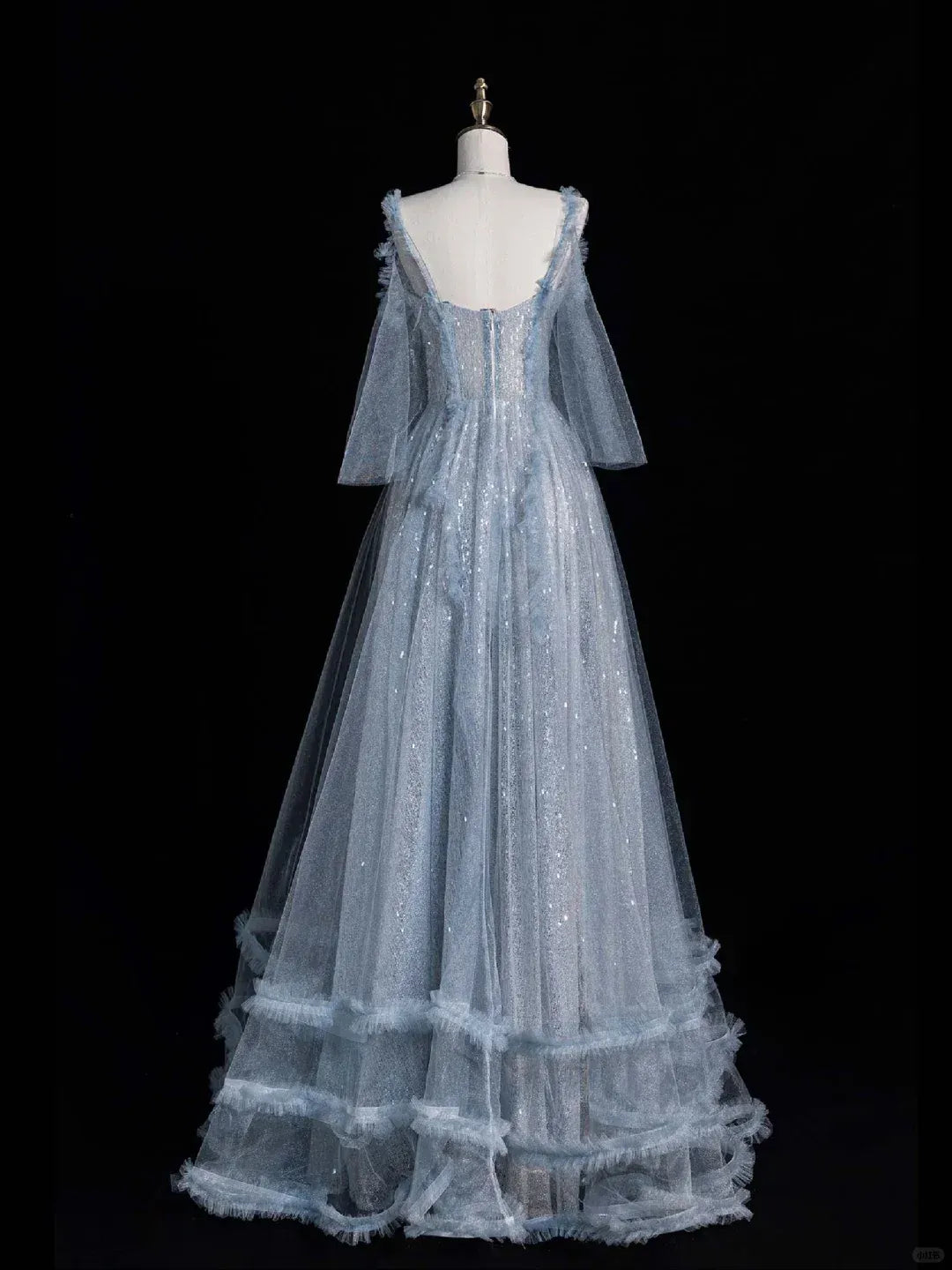 Dusty Blue Sequin Tulle Cold-Shoulder Gown – Ruffled Tiered Formal Prom Dress