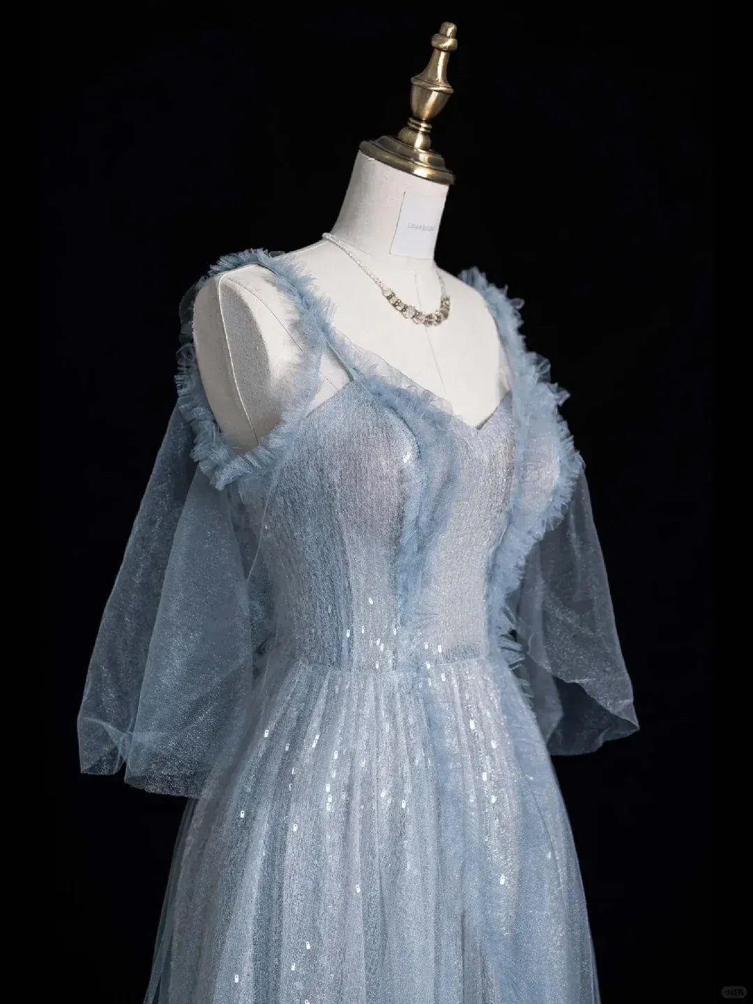 Dusty Blue Sequin Tulle Cold-Shoulder Gown – Ruffled Tiered Formal Prom Dress