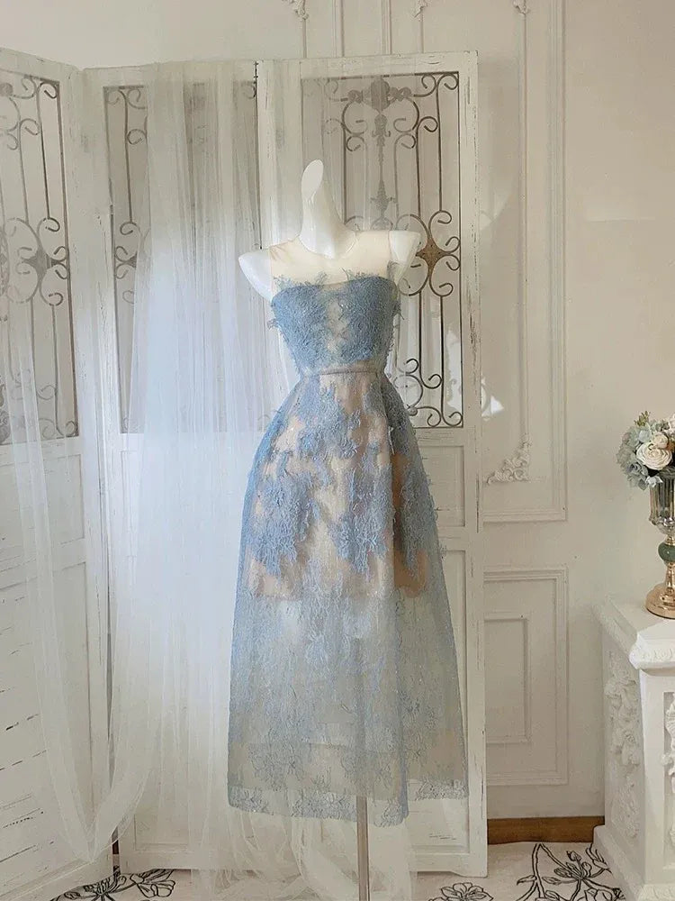 Dusty Blue Strapless 3D Floral Lace Midi Dress