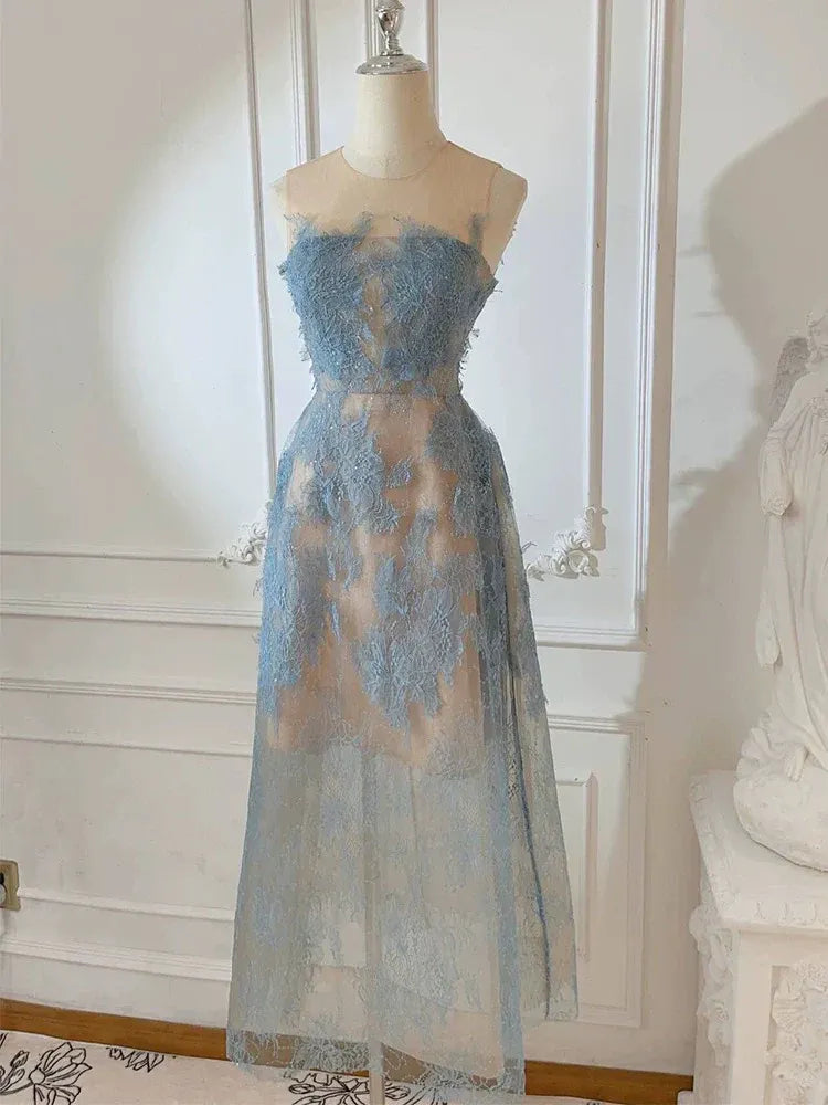 Dusty Blue Strapless 3D Floral Lace Midi Dress