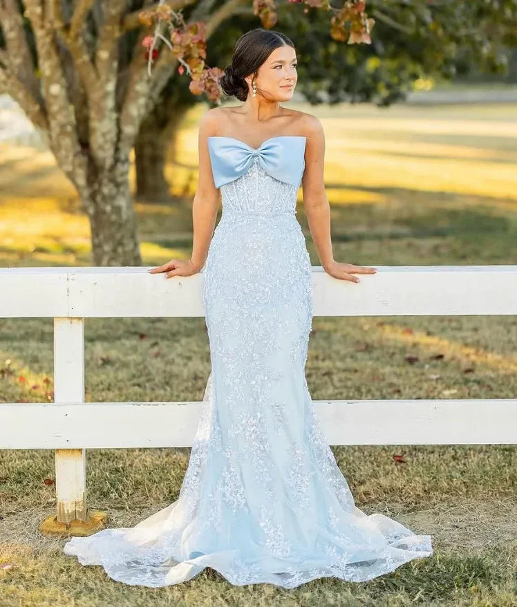 Dusty Blue Strapless Bow Lace Mermaid Gown – Prom Bridesmaid Wedding Dress