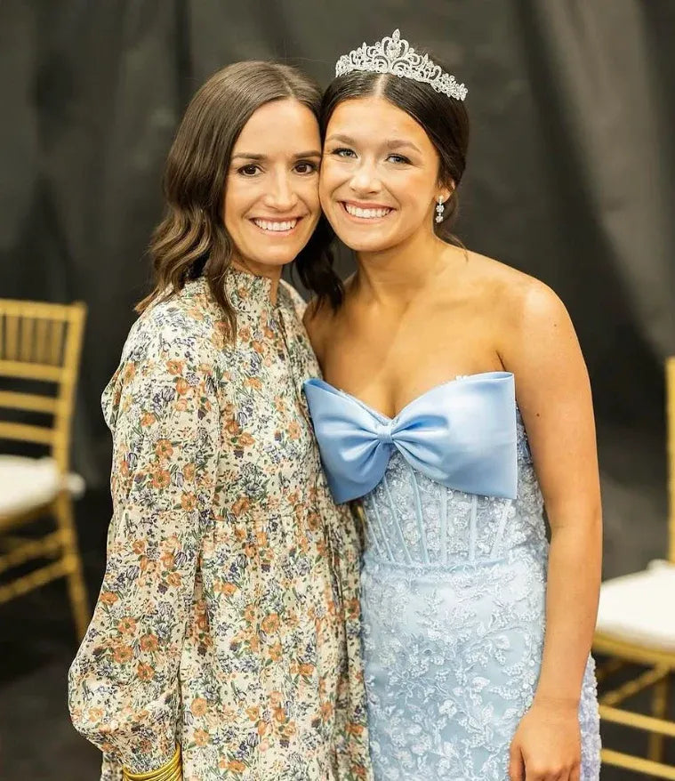 Dusty Blue Strapless Bow Lace Mermaid Gown – Prom Bridesmaid Wedding Dress
