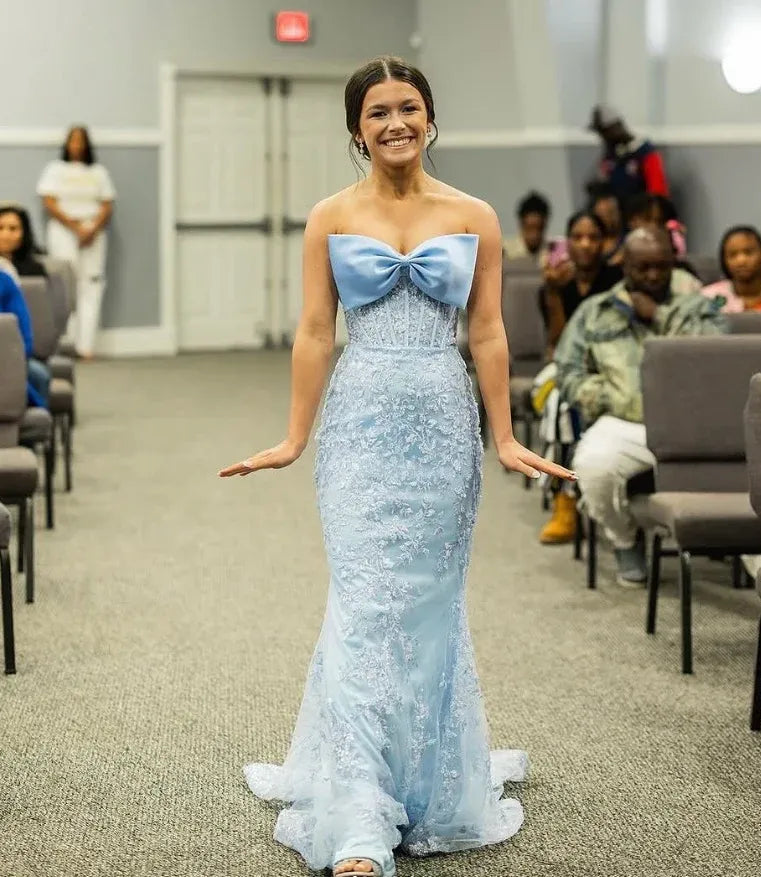 Dusty Blue Strapless Bow Lace Mermaid Gown – Prom Bridesmaid Wedding Dress
