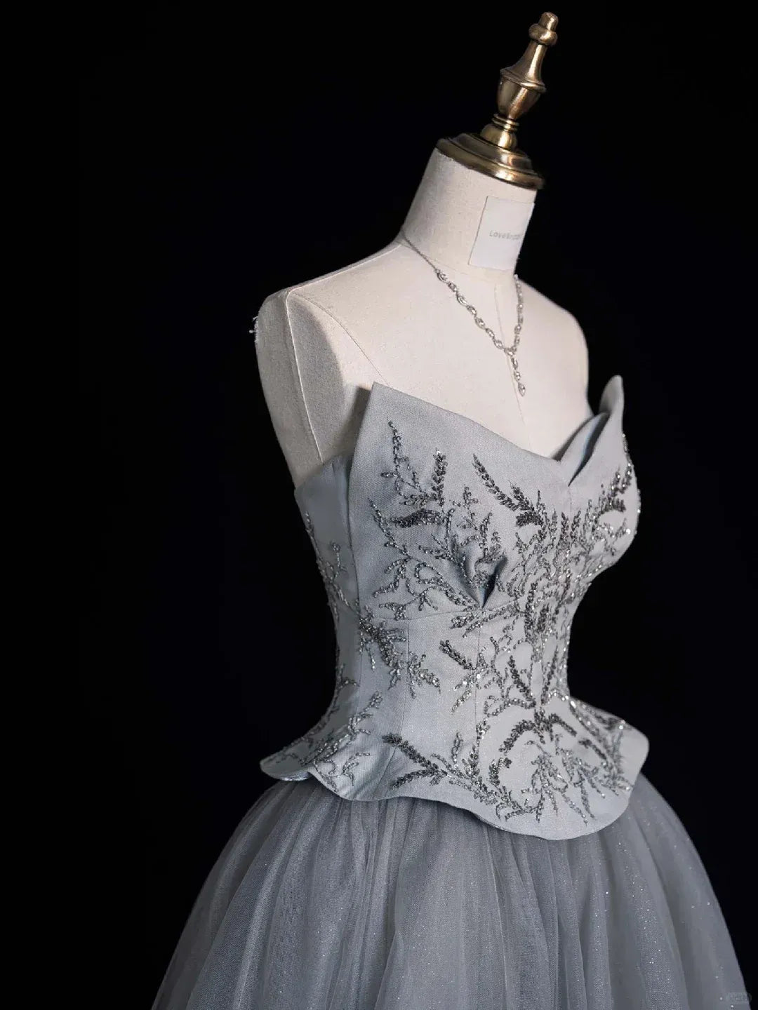 Dusty Gray Beaded Peplum Ball Gown – One-Shoulder Glitter Tulle Formal Prom Dress