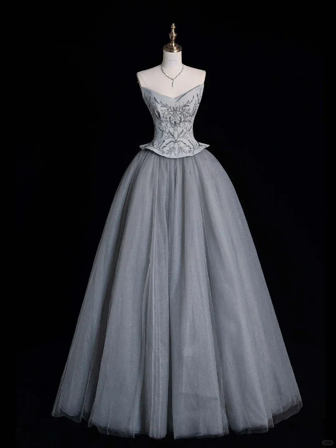 Dusty Gray Beaded Peplum Ball Gown – One-Shoulder Glitter Tulle Formal Prom Dress