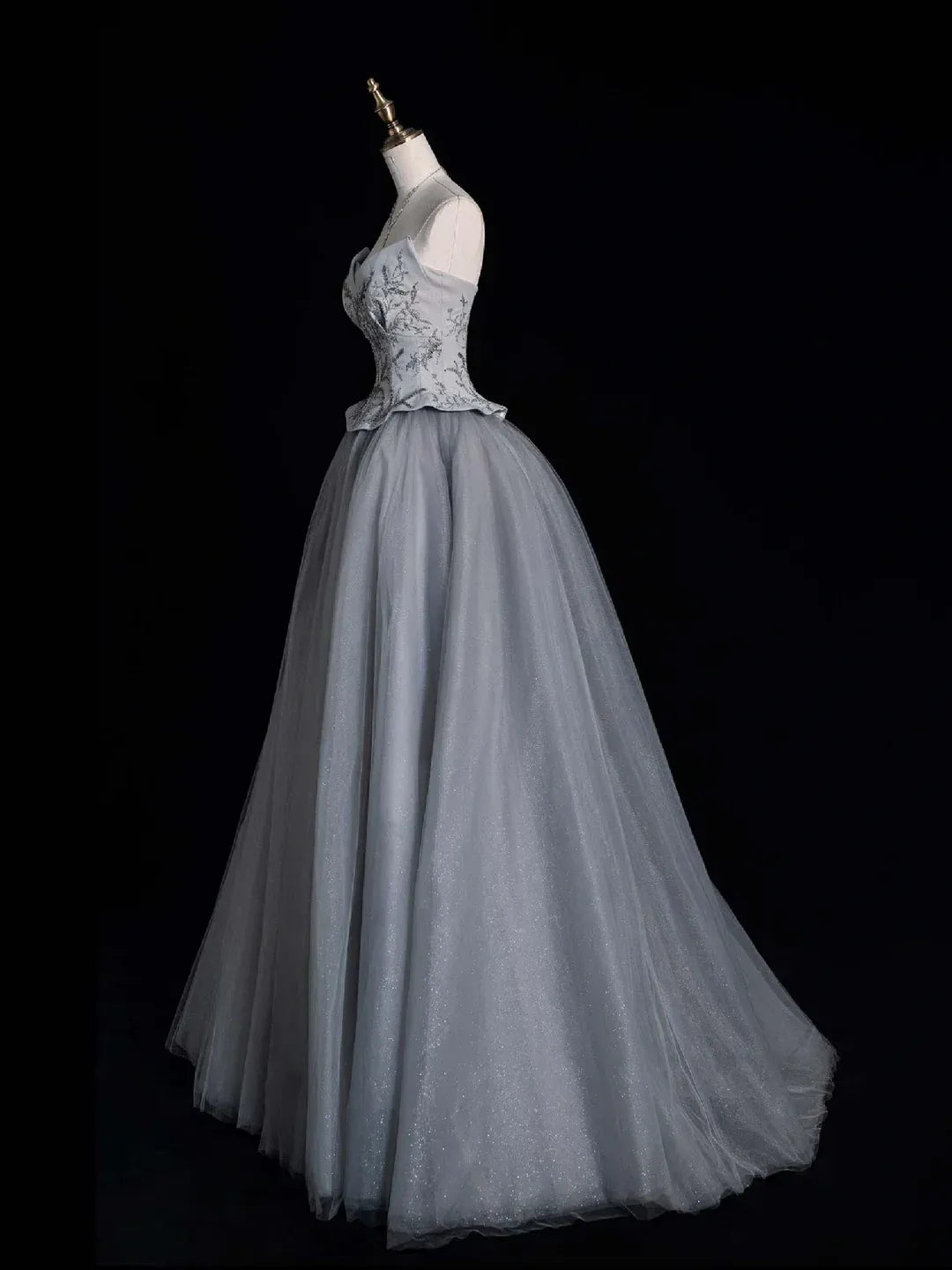 Dusty Gray Beaded Peplum Ball Gown – One-Shoulder Glitter Tulle Formal Prom Dress