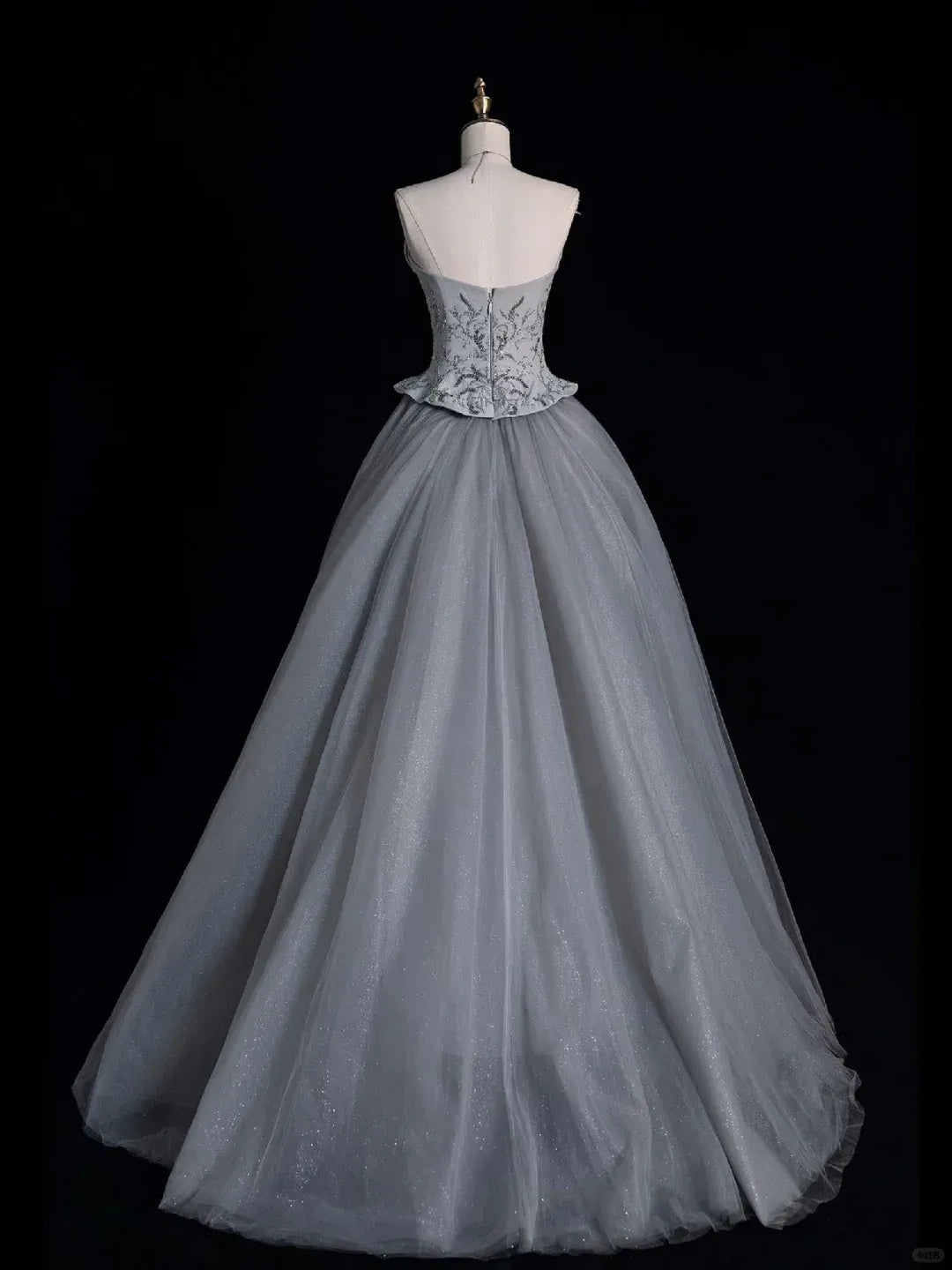 Dusty Gray Beaded Peplum Ball Gown – One-Shoulder Glitter Tulle Formal Prom Dress