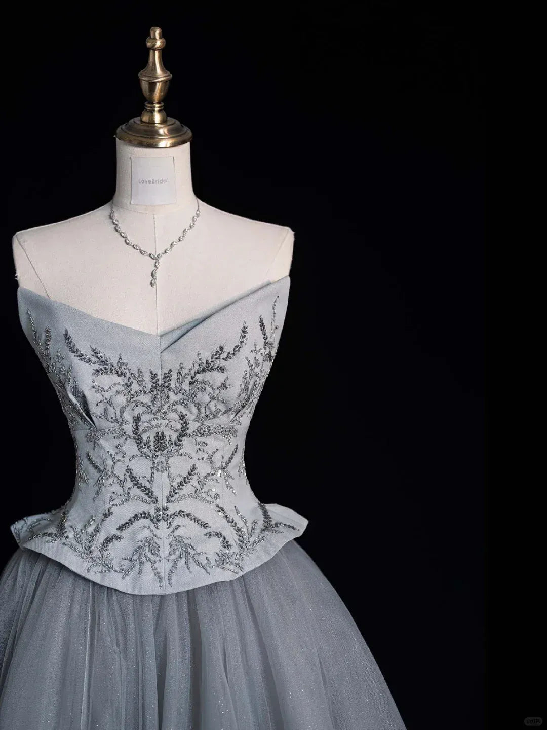 Dusty Gray Beaded Peplum Ball Gown – One-Shoulder Glitter Tulle Formal Prom Dress