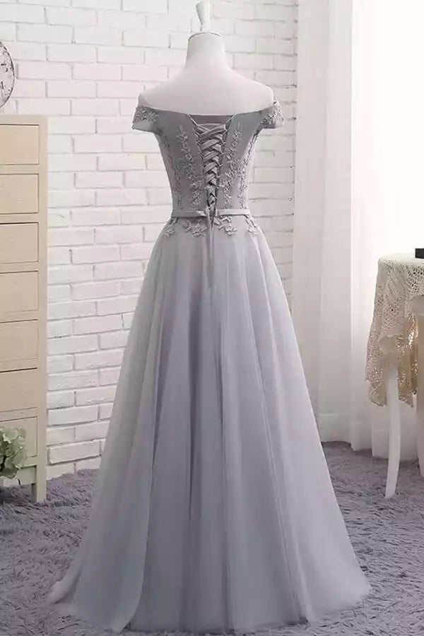 Dusty Gray Tulle Lace Off-the-Shoulder A-Line Gown – Romantic & Timeless Evening Party Dress