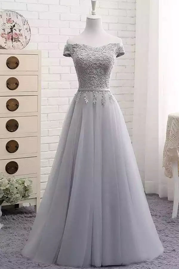 Dusty Gray Tulle Lace Off-the-Shoulder A-Line Gown – Romantic & Timeless Evening Party Dress