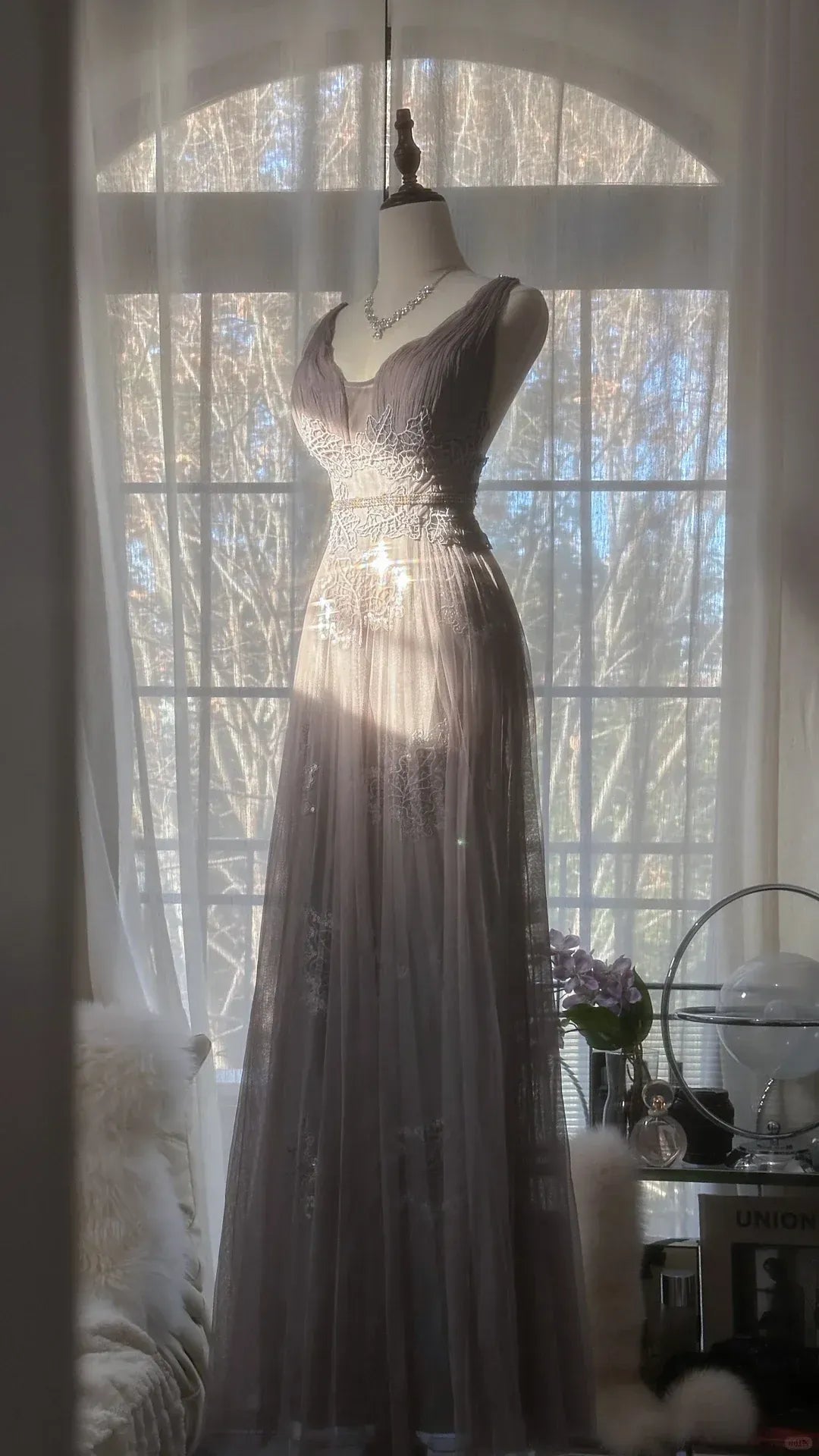Dusty Gray V-Neck Floral Lace Tulle Gown with Crisscross Open Back