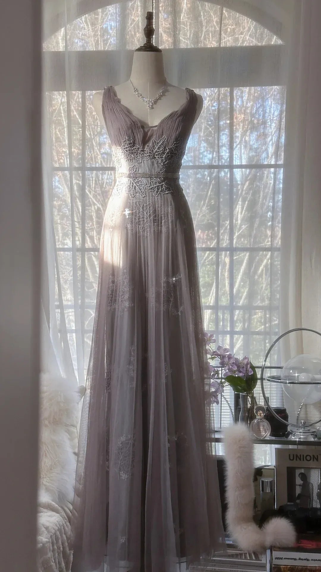 Dusty Gray V-Neck Floral Lace Tulle Gown with Crisscross Open Back