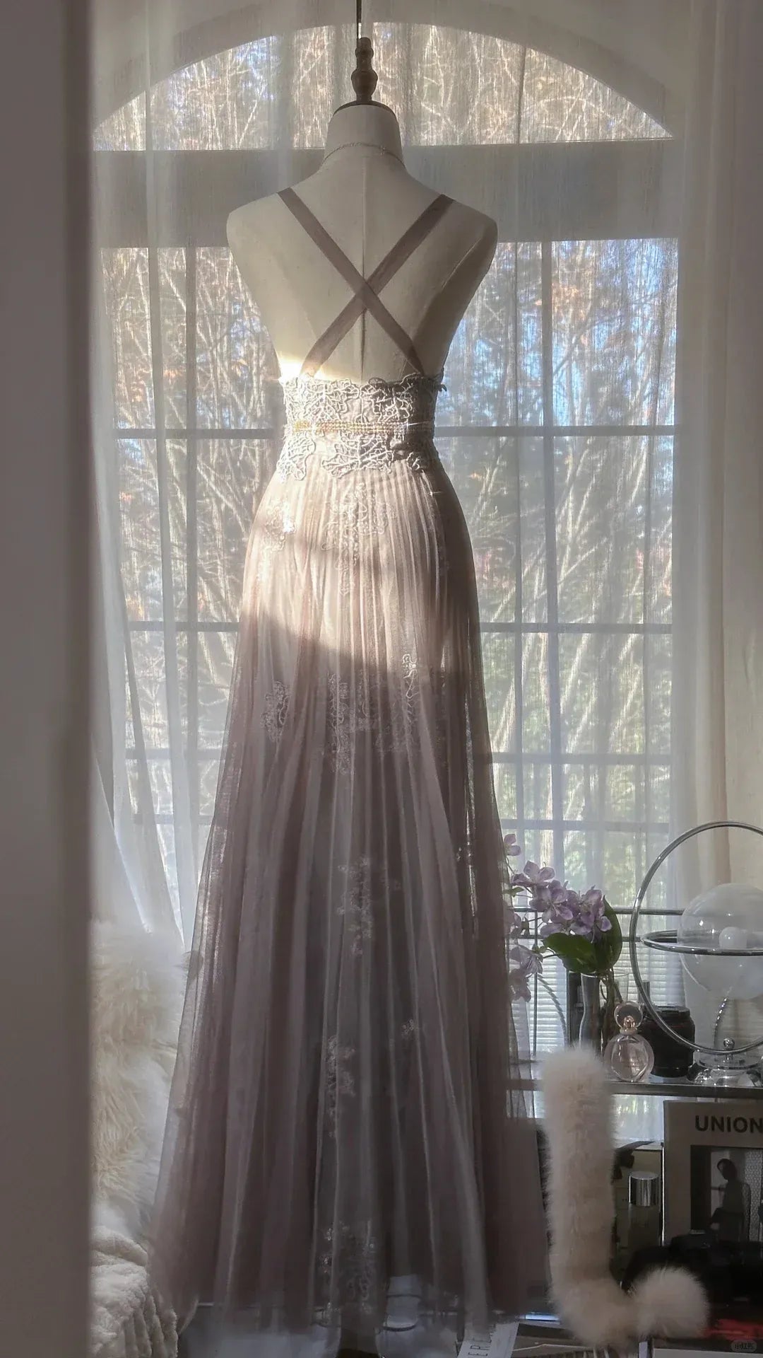 Dusty Gray V-Neck Floral Lace Tulle Gown with Crisscross Open Back