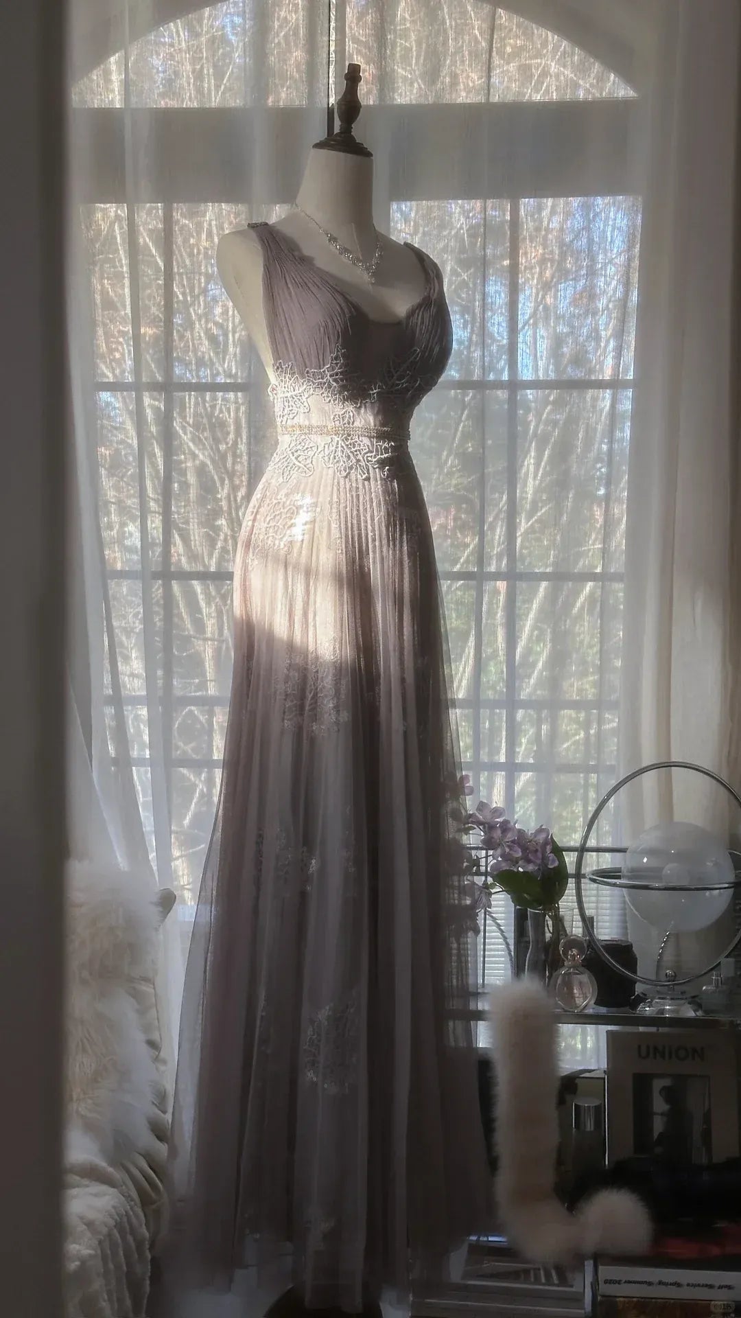 Dusty Gray V-Neck Floral Lace Tulle Gown with Crisscross Open Back