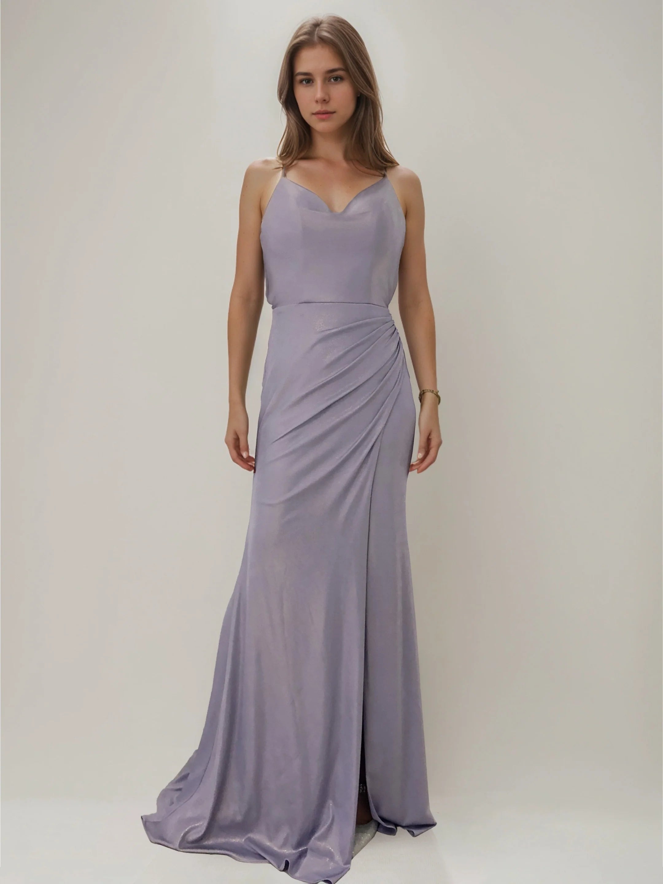 Dusty Lavender Spaghetti Strap Ruched Evening Dress Lace-Up Open Back Maxi Formal Gown