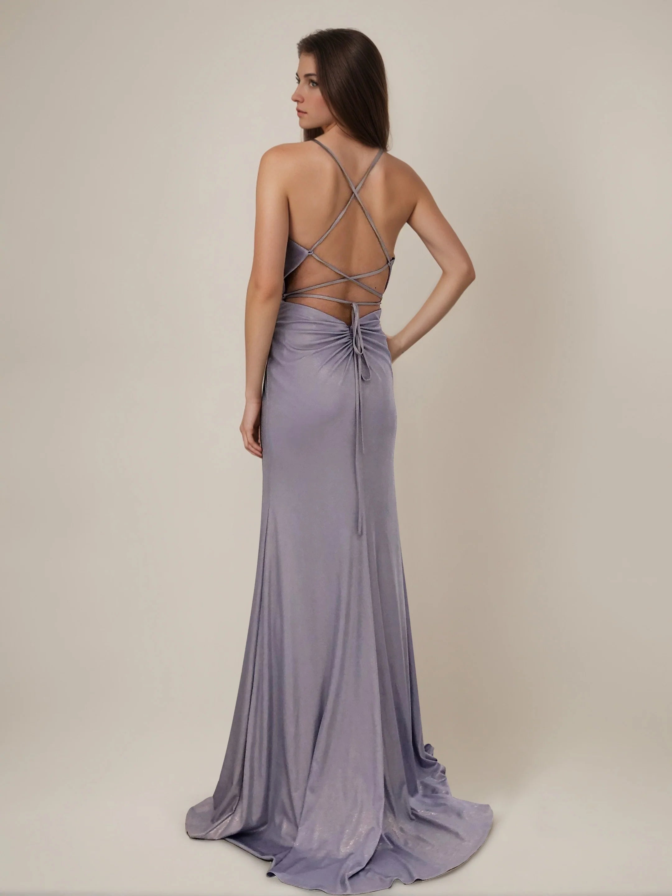 Dusty Lavender Spaghetti Strap Ruched Evening Dress Lace-Up Open Back Maxi Formal Gown