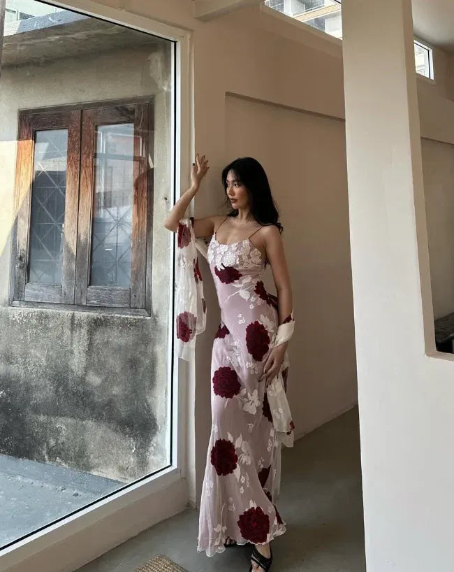 Dusty Pink Floral Burnout Maxi Dress with Scarf