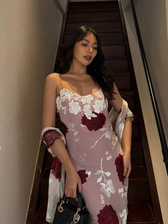 Dusty Pink Floral Burnout Maxi Dress with Scarf