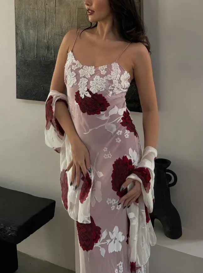 Dusty Pink Floral Burnout Maxi Dress with Scarf