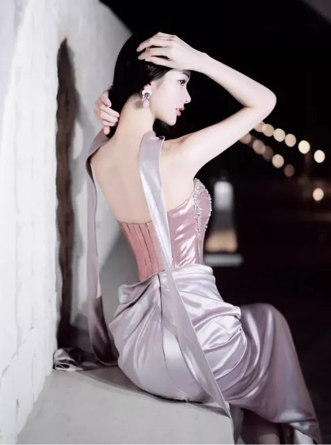 Dusty Pink Gradient Beaded Strappy Mermaid Gown – Evening Prom Wedding Dress