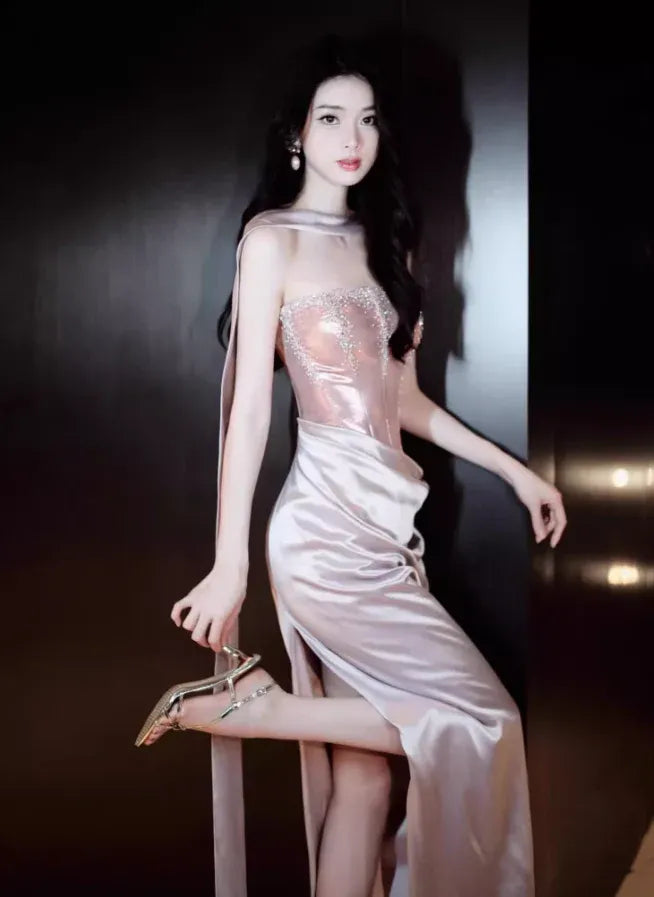 Dusty Pink Gradient Beaded Strappy Mermaid Gown – Evening Prom Wedding Dress