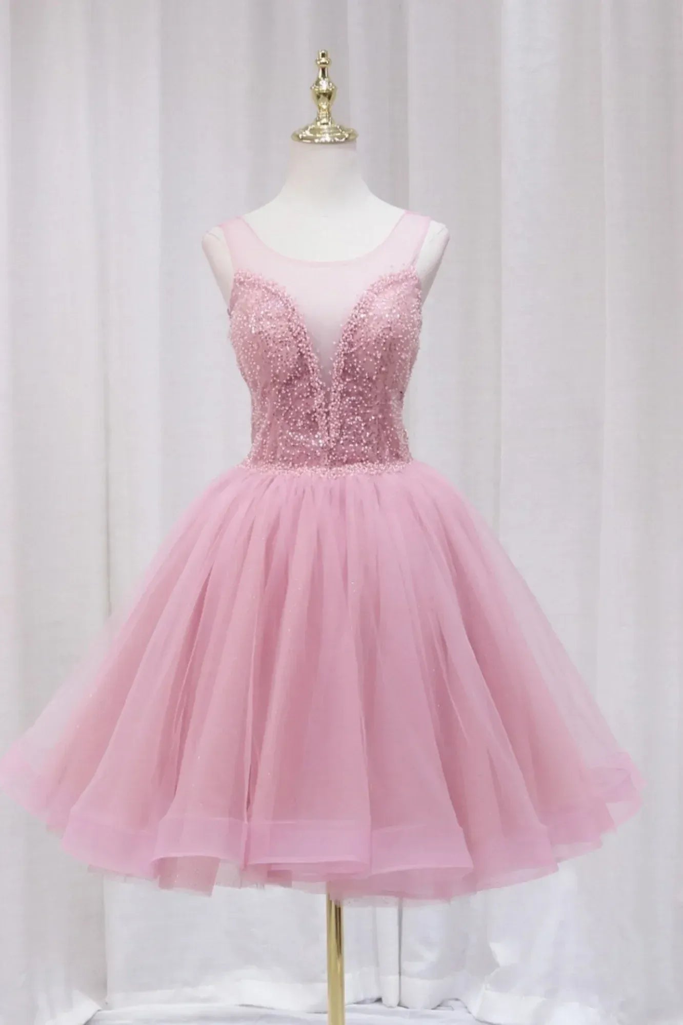Dusty Pink Illusion Neck Beaded Keyhole Tulle Short Homecoming Dress