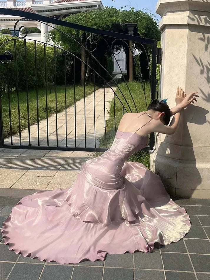 Dusty Pink Metallic Ruffle Maxi Dress – Spaghetti Strap Ruched Formal Evening Gown