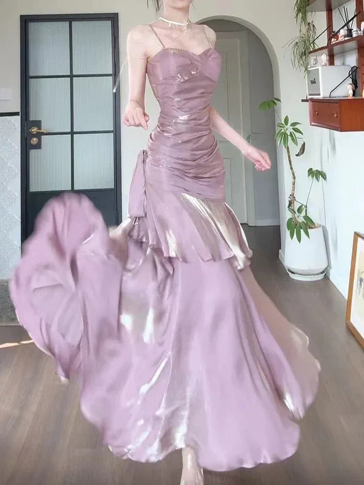 Dusty Pink Metallic Ruffle Maxi Dress – Spaghetti Strap Ruched Formal Evening Gown
