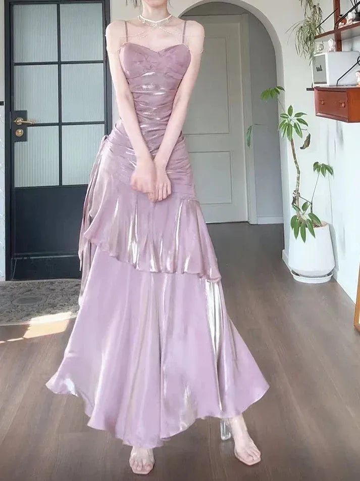 Dusty Pink Metallic Ruffle Maxi Dress – Spaghetti Strap Ruched Formal Evening Gown
