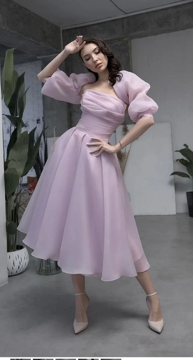 Dusty Pink Organza Puff Sleeve Strapless Midi Dress – Prom Wedding Evening Gown
