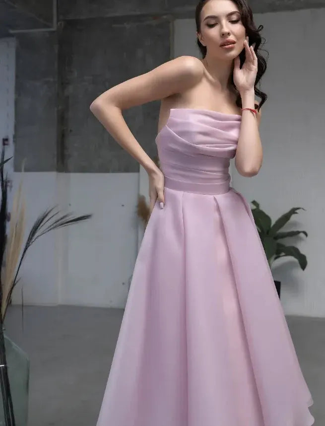 Dusty Pink Organza Puff Sleeve Strapless Midi Dress – Prom Wedding Evening Gown