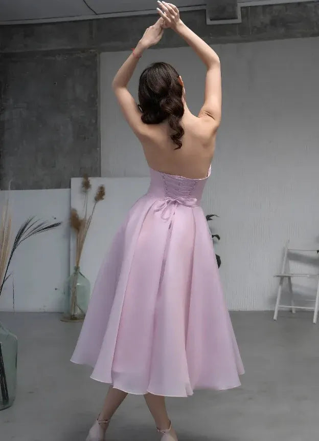 Dusty Pink Organza Puff Sleeve Strapless Midi Dress – Prom Wedding Evening Gown