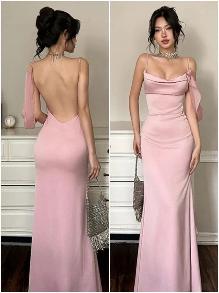 Dusty Pink Satin Cowl Neck Side Flower Strap Maxi Dress