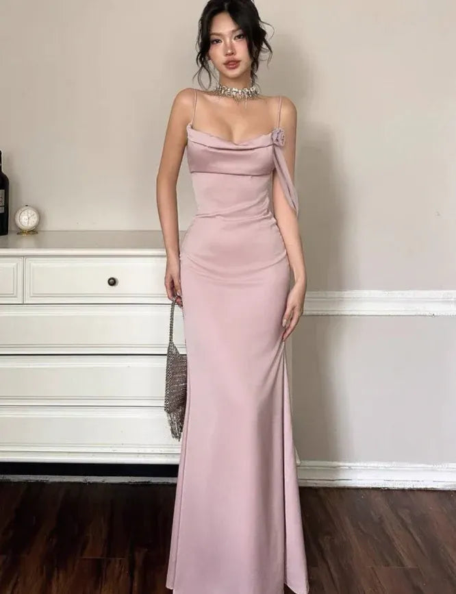 Dusty Pink Satin Cowl Neck Side Flower Strap Maxi Dress