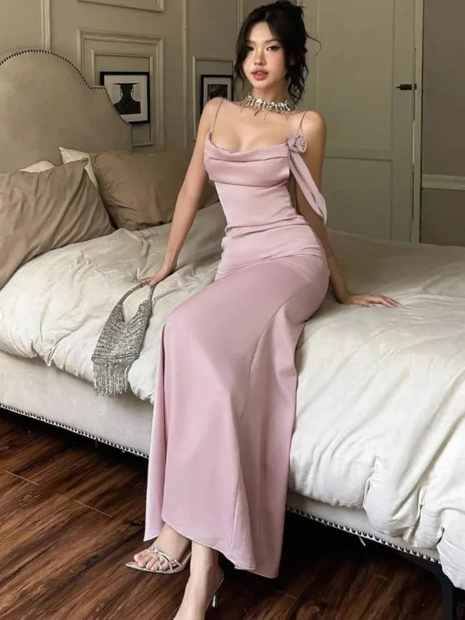 Dusty Pink Satin Cowl Neck Side Flower Strap Maxi Dress