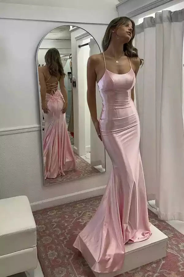 Dusty Pink Satin Spaghetti Strap Lace-Up Back Mermaid Gown – Sleek & Romantic Evening Party Dress