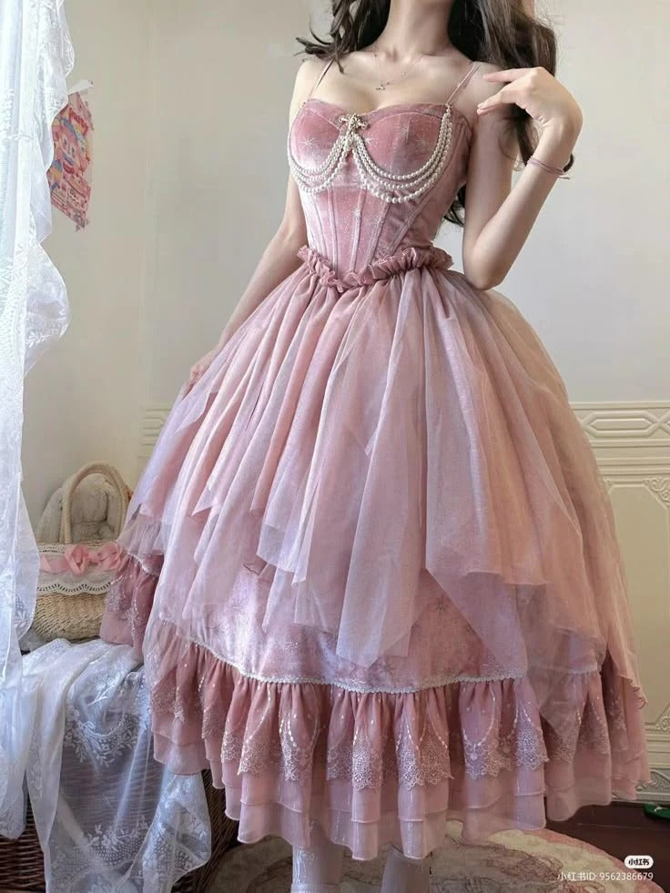 Dusty Pink Velvet Tulle Pearl Lolita Dress – Spaghetti Strap Princess Gown with Lace Trim