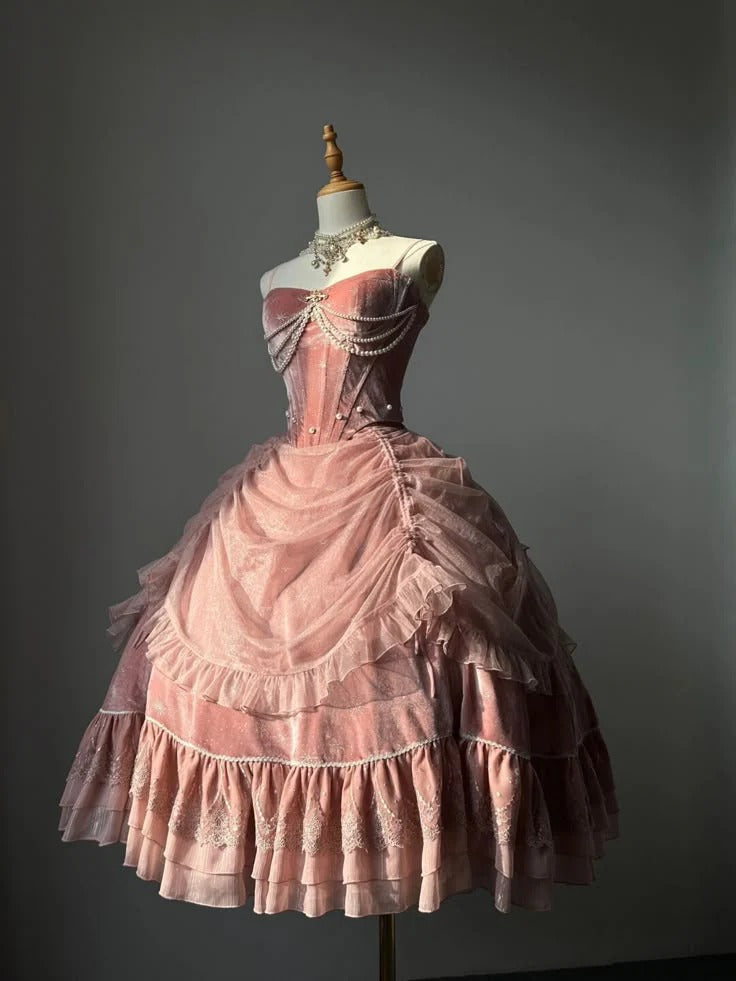 Dusty Pink Velvet Tulle Pearl Lolita Dress – Spaghetti Strap Princess Gown with Lace Trim