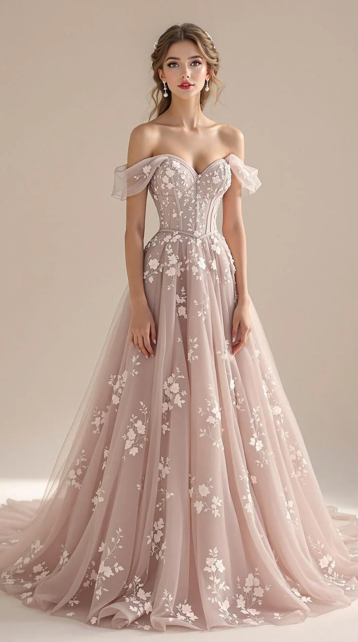 Dusty Rose Floral Tulle Ball Gown – Off-the-Shoulder Corset Prom Dress with Train