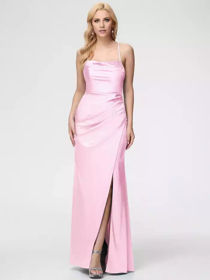 Dusty Rose Prom Dresses Satin Sleeveless Cowl Spaghetti Straps Trumpet Mermaid Split Satin Prom Dresses