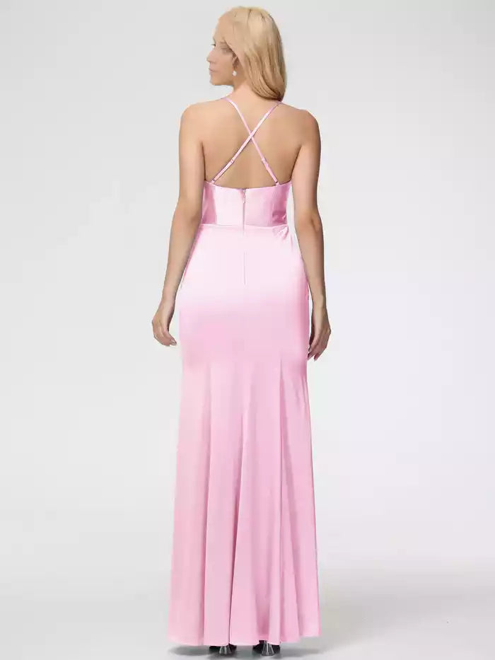 Dusty Rose Prom Dresses Satin Sleeveless Cowl Spaghetti Straps Trumpet Mermaid Split Satin Prom Dresses
