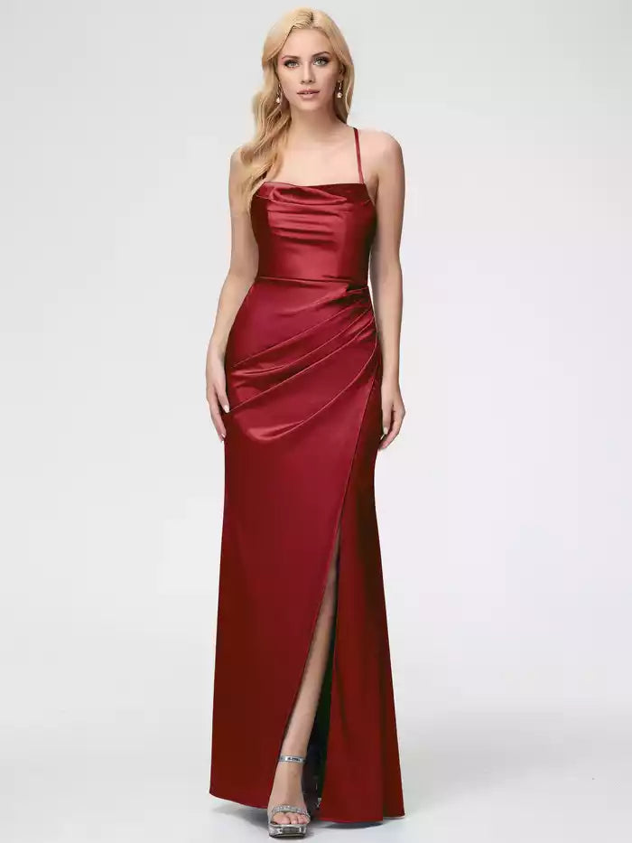 Dusty Rose Prom Dresses Satin Sleeveless Cowl Spaghetti Straps Trumpet Mermaid Split Satin Prom Dresses