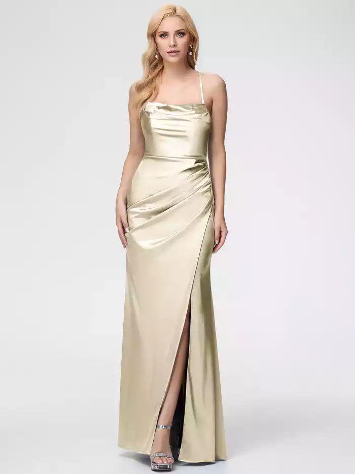 Dusty Rose Prom Dresses Satin Sleeveless Cowl Spaghetti Straps Trumpet Mermaid Split Satin Prom Dresses