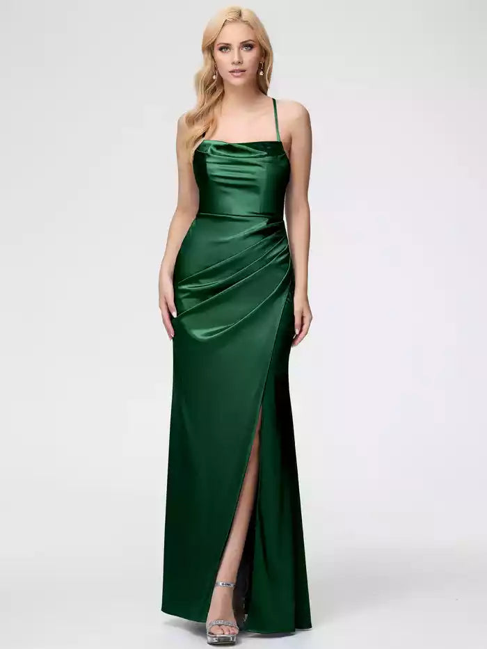 Dusty Rose Prom Dresses Satin Sleeveless Cowl Spaghetti Straps Trumpet Mermaid Split Satin Prom Dresses