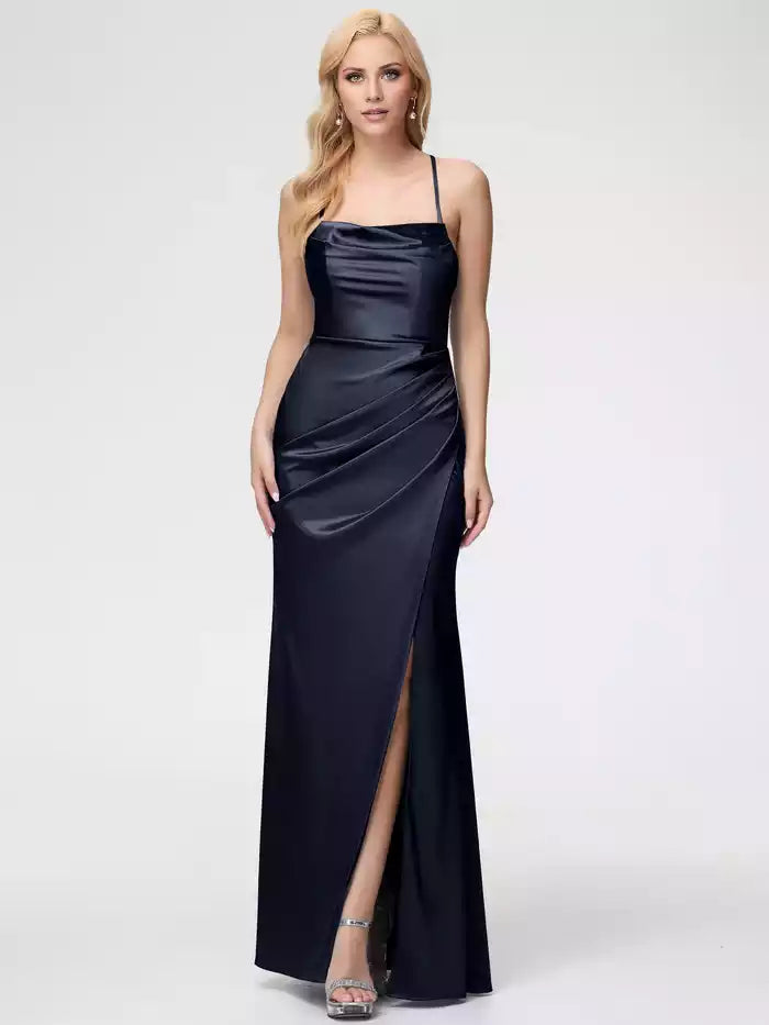 Dusty Rose Prom Dresses Satin Sleeveless Cowl Spaghetti Straps Trumpet Mermaid Split Satin Prom Dresses